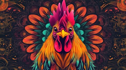 Fototapeta premium A vibrant and colorful rooster head positioned at the center of an intricate mandala, set against a textured black background. This vector illustration showcases a highly realistic 3D rendering style,