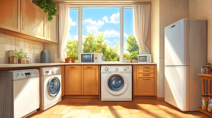 Sunny Kitchen with Appliances and Window View, interior, home, sunlight, sunshine, bright
