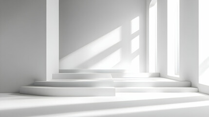 Obraz premium Minimalist White Room with Platform and Sunlight, Minimalism, Podium, Display, Showcase, Product Display
