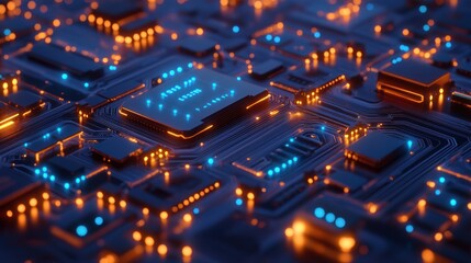 Obraz premium A close-up view of a circuit board with glowing components and intricate designs.