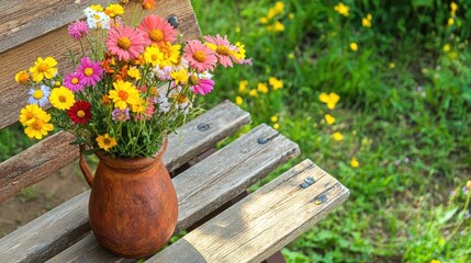 Fototapeta premium Vibrant Flowers in Clay Pot on Rustic Wooden Bench
