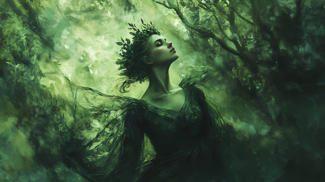 A woman with a green dress and a crown is standing in a forest. the image has a fantasy and mystical feel to it. Forest Nymph. Illustration