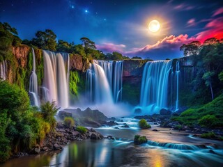 Cascata dos Namorados Night Photography - Urubici Waterfall Illuminated by Moonlight