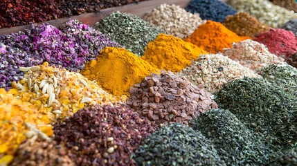 Aromatic Spices and Herbs Displayed in a Market Stall, colorful, fragrant, food, cooking, ingredients