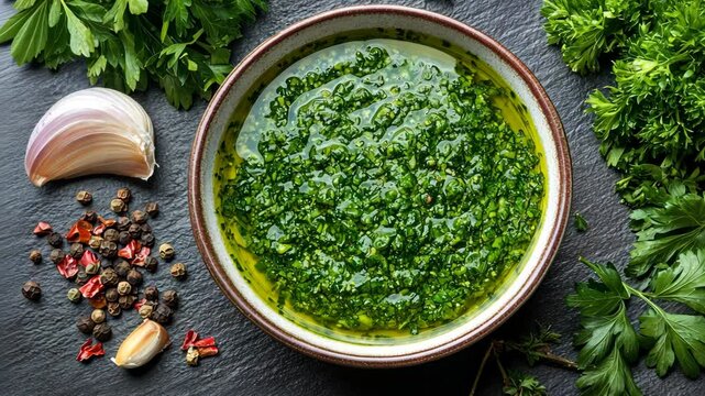 A bowl of fresh green parsley sauce sits on a dark countertop with garlic cloves, peppercorns, and parsley leaves scattered around it