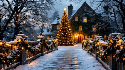 Festive Winter Scene with Christmas Tree and Snowy Landscape
