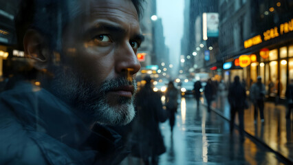 Fototapeta premium Introspective Man in Urban Rainy Environment