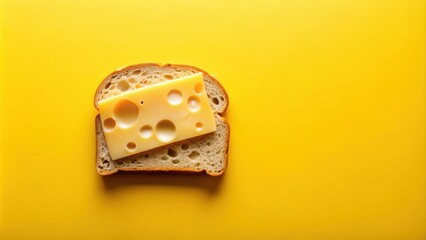 Slice of bread with Swiss cheese on yellow background, bread, slice, Swiss cheese, yellow, background, food, snack, dairy