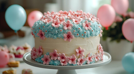 Floral Cake With Blue and Pink Frosting Illustration