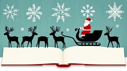 Fototapeta premium Santa s Sleigh Across Winter Wonderland on Open Book
