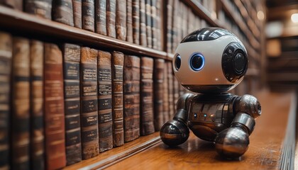 Fototapeta premium Futuristic Robot in a Library Setting Surrounded by Books