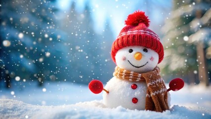 Fototapeta premium Cheerful snowman with carrot nose and red knit hat in snowy winter scene, snowman, carrot nose, coal eyes, red hat, knit scarf