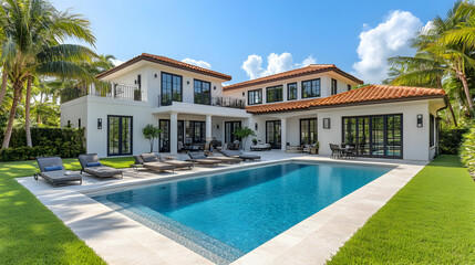 Fototapeta premium Modern White House with Pool and Palm Trees - Photo