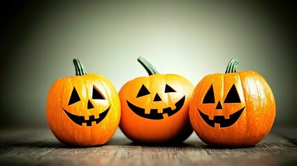 Eerie Jack o  Lantern Pumpkins on Rustic Wooden Table for Halloween