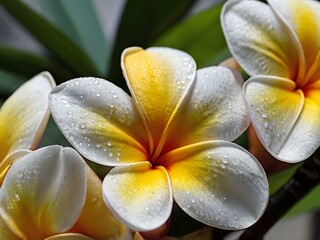 A close-up portrait of charming and beautiful colorful frangipani flowers taken in the flower garden