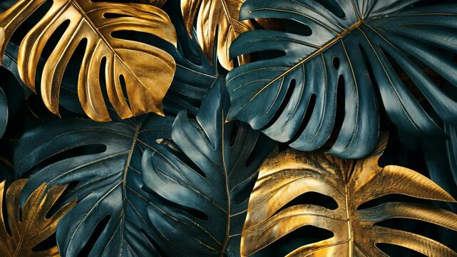 Golden and teal monstera leaves create a luxurious and tropical backdrop