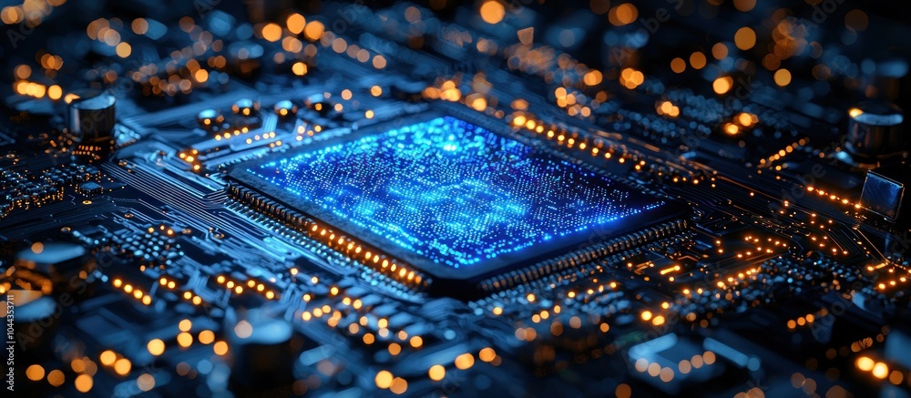 Poster close-up of a glowing blue computer chip on a circuit board with orange lights