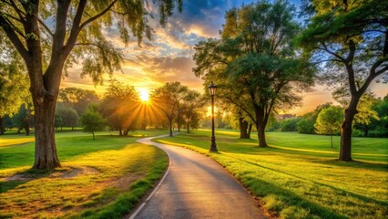 Obraz premium Sunlit path winding through a peaceful park as the sun sets, nature, outdoor, park, sunlight, path, trail, trees, foliage