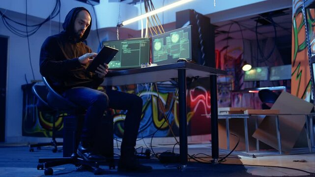 Spy looking on tablet, doing international espionage warfare on other countries for his government, anxiously looking around hideout to not get caught, wary of being uncovered