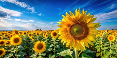 Obraz premium Bright yellow sunflower field under blue sky in a rural landscape, sunflowers, flowers, yellow, blue sky, rural, landscape