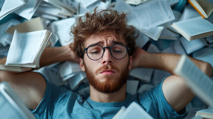 student lies in center of chaotic room filled with scattered books, looking overwhelmed and contemplative. scene captures stress of studying and weight of academic pressure