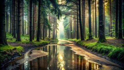 Obraz premium Moody, atmospheric shot of wet, muddy forest path winding through tall trees