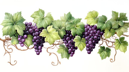 Fototapeta premium clusters of green and purple grapes entwined with vines and leaves