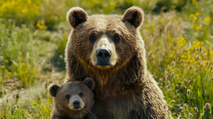 Fototapeta premium Close-up of a Mother Bear and Cub in Grassy Field - Realistic Illustration