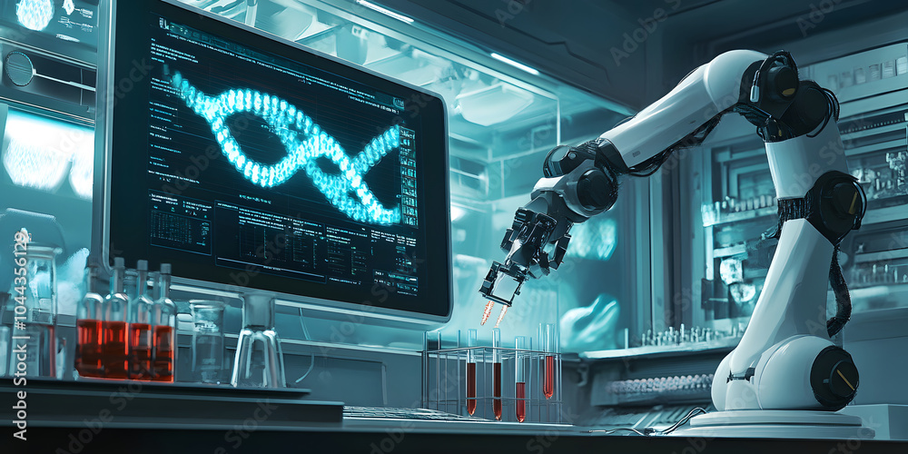 Wall mural the ai ​​robotic arm is operating the test tube on the test bench, the display screen is showing the