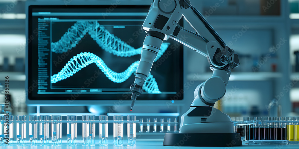 Wall mural the ai ​​robotic arm is operating the test tube on the test bench, the display screen is showing the