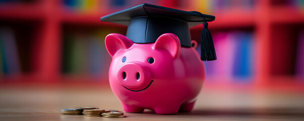 Illustration of Pink Piggy Bank with Graduation Cap and Coins, Education Savings Concept