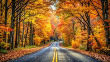 Obraz premium Empty asphalt road surrounded by autumn trees with fallen leaves, autumn, forest, road, asphalt, fall, trees, leaves, foliage