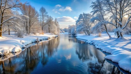 Snow-covered river in winter , winter, cold, frozen, riverbank, icy, frosty, landscape, nature, serene, tranquil, snowfall