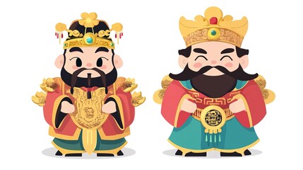 Naklejka premium Cartoon design of the God of Wealth wearing traditional ancient Chinese official uniforms in a front view vector illustration. Vibrant graphic design style with a white background, ideal for cultural 