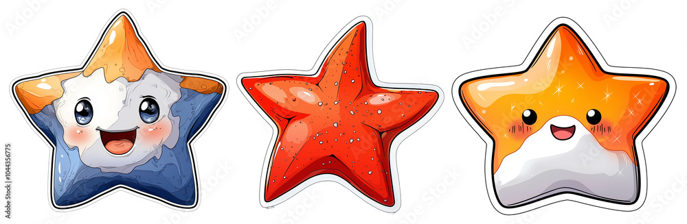 Poster cute and colorful star characters with cheerful expressions, featuring variety of designs and colors