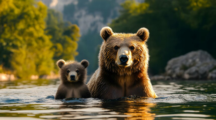 Obraz premium Mother and Cub Brown Bear in Water Photo