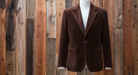 Dark brown corduroy blazer with notch lapels and single button front display on aesthethic wood wall background