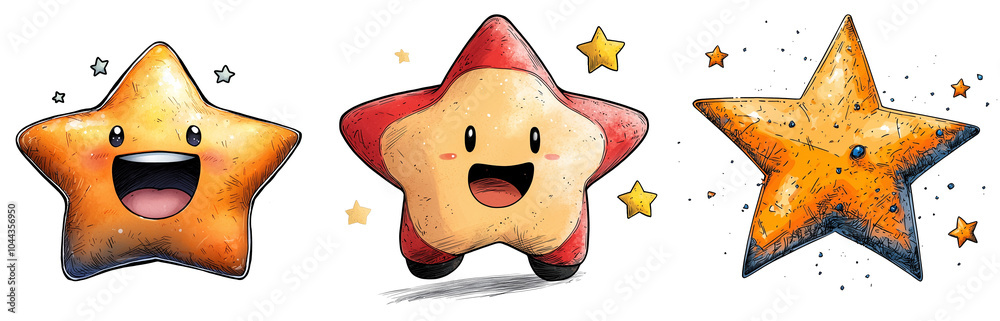 Poster cute and cheerful star characters with smiling faces, showcasing vibrant colors and playful expressi