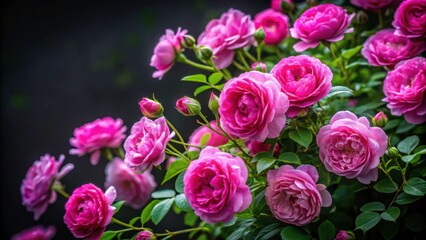Lush bush of pink Rosa Damascena roses on dark background with vignette , pink, roses, Rosa Damascena, Damask rose, lush