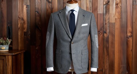 Grey tweed blazer with notch lapels and elbow patches display on aesthethic wood wall background