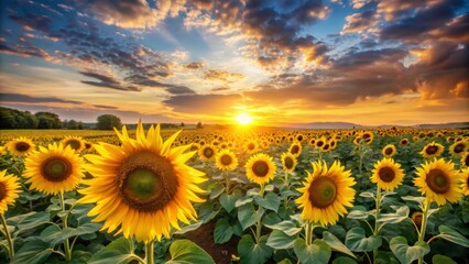 Fototapeta premium Beautiful sunset casting golden light over a vibrant sunflower field, sunset, sunflowers, field, nature, golden hour, agriculture