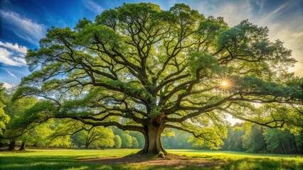 Fototapeta premium Tall and majestic oak tree standing strong in a forest, nature, green, leaves, trunk, branches, wood, texture, growth