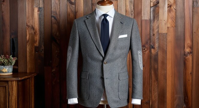 Grey tweed blazer with notch lapels and elbow patches display on aesthethic wood wall background