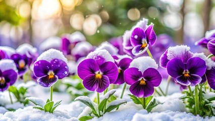 Obraz premium Vibrant purple pansy flowers contrast beautifully against a blanket of snow in a winter garden , purple, pansies, flowers, snow