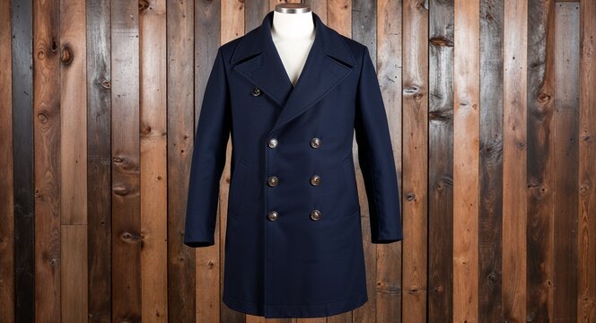 Navy wool pea coat with double breasted buttons and wide lapels display on aesthethic wood wall background