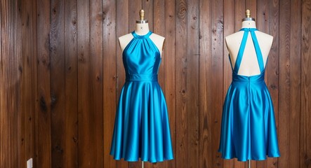 Sky blue satin cocktail dress with halter neckline and open back display on aesthethic wood wall background