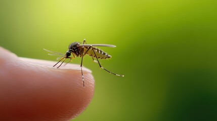A close-up of a mosquito perched on a human finger against a blurred green background.