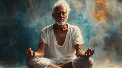 Elderly man practicing yoga. Featuring a senior man in a yoga pose. Highlighting flexibility and mindfulness. Ideal for health and wellness promotions.