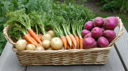 A basket of assorted root vegetables including carrots, potatoes, and turnips, freshly washed and displayed on a wooden table.
