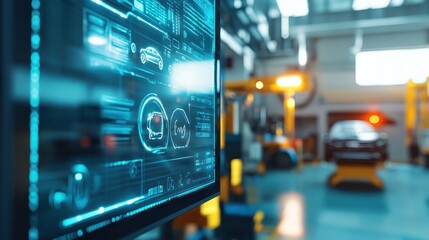 Fototapeta premium A digital display shows automotive diagnostics in a modern workshop setting.